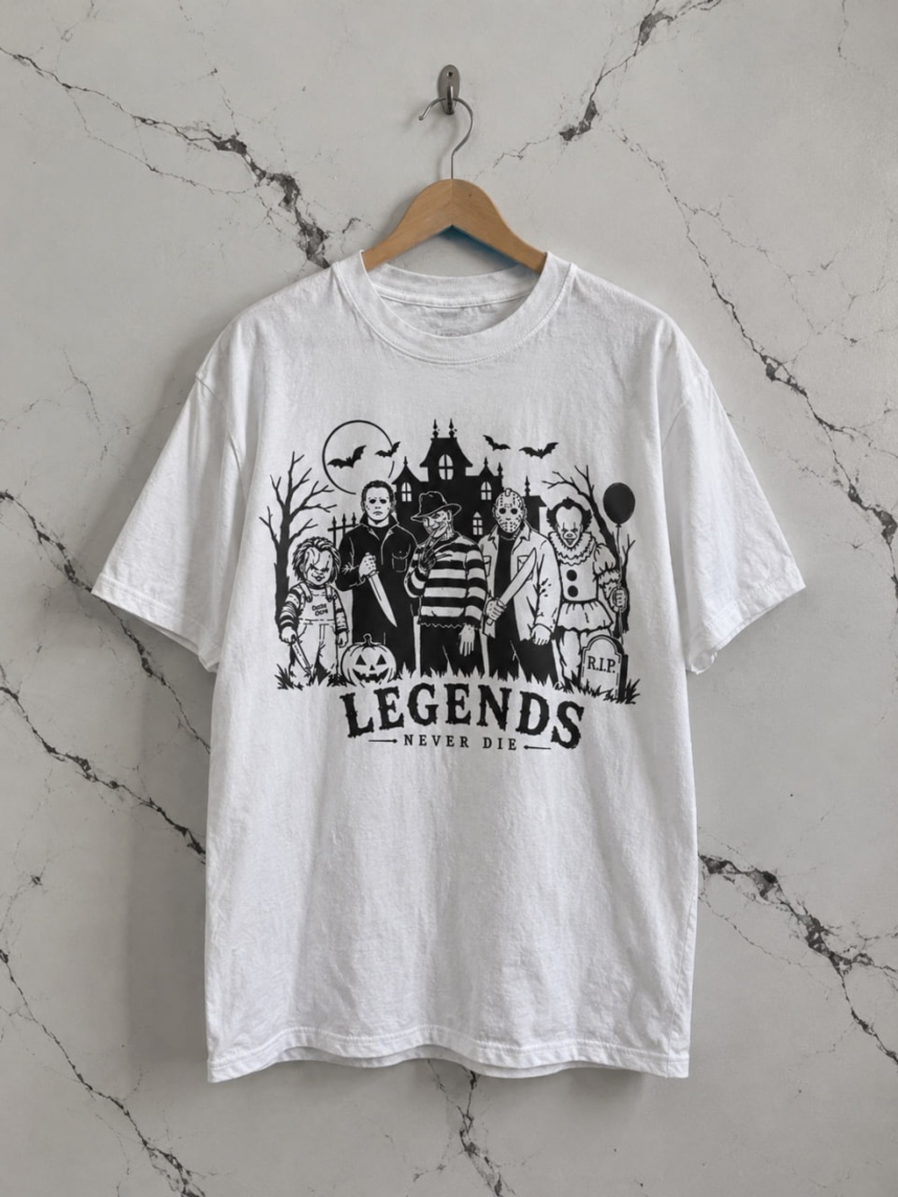 'Legends Never Die' Gildan White Horror Graphic Tee